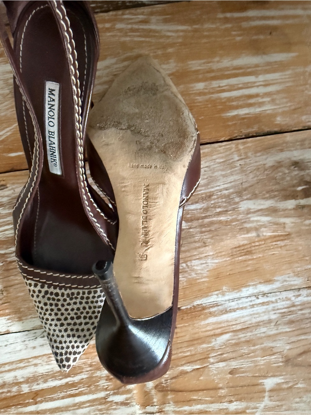 Manolo Blahnik Brown Spotted Canvas & Leather Slingback Pumps 38 - Picture 14 of 16